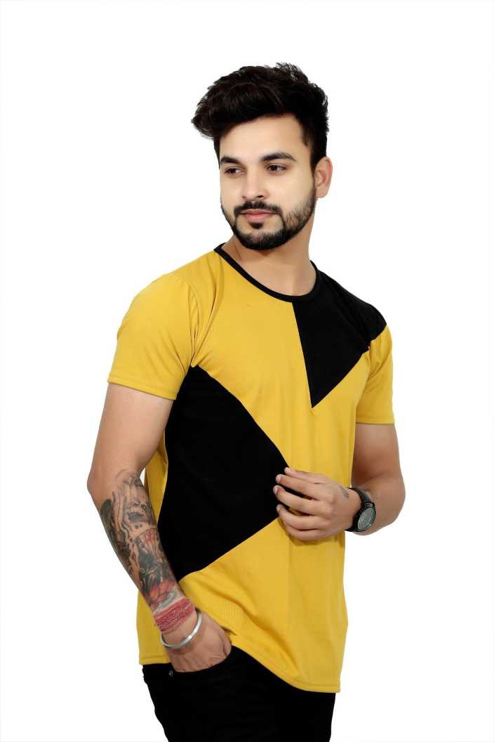 Color Block Men Round Neck Yello....